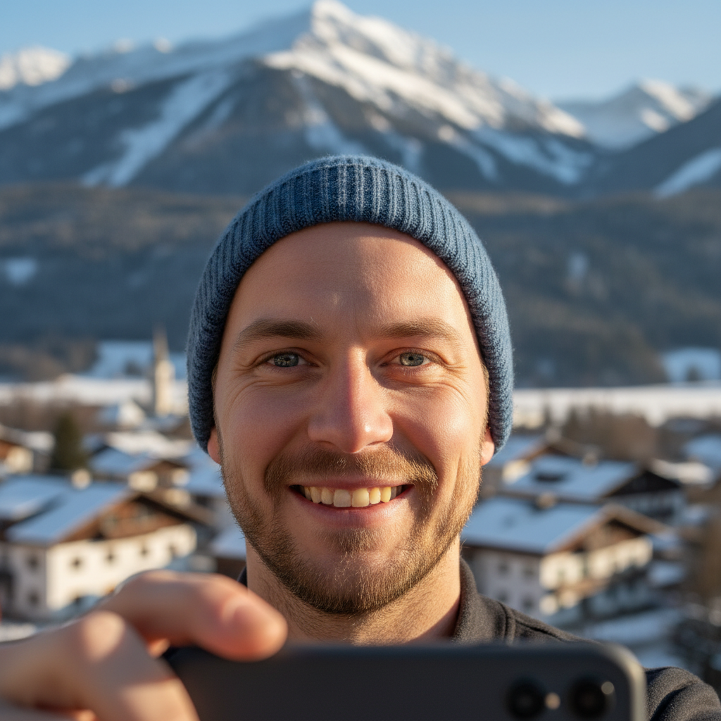 Home Ein lächelnder Mann mit blauer Strickmütze macht vor einer verschneiten Bergkulisse ein Selfie mit seinem Smartphone.